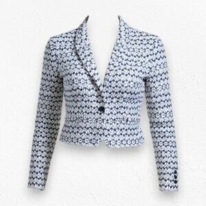 Mario Serrani Navy White Geometric Designer Luxe Crop Blazer Jacket Size 2